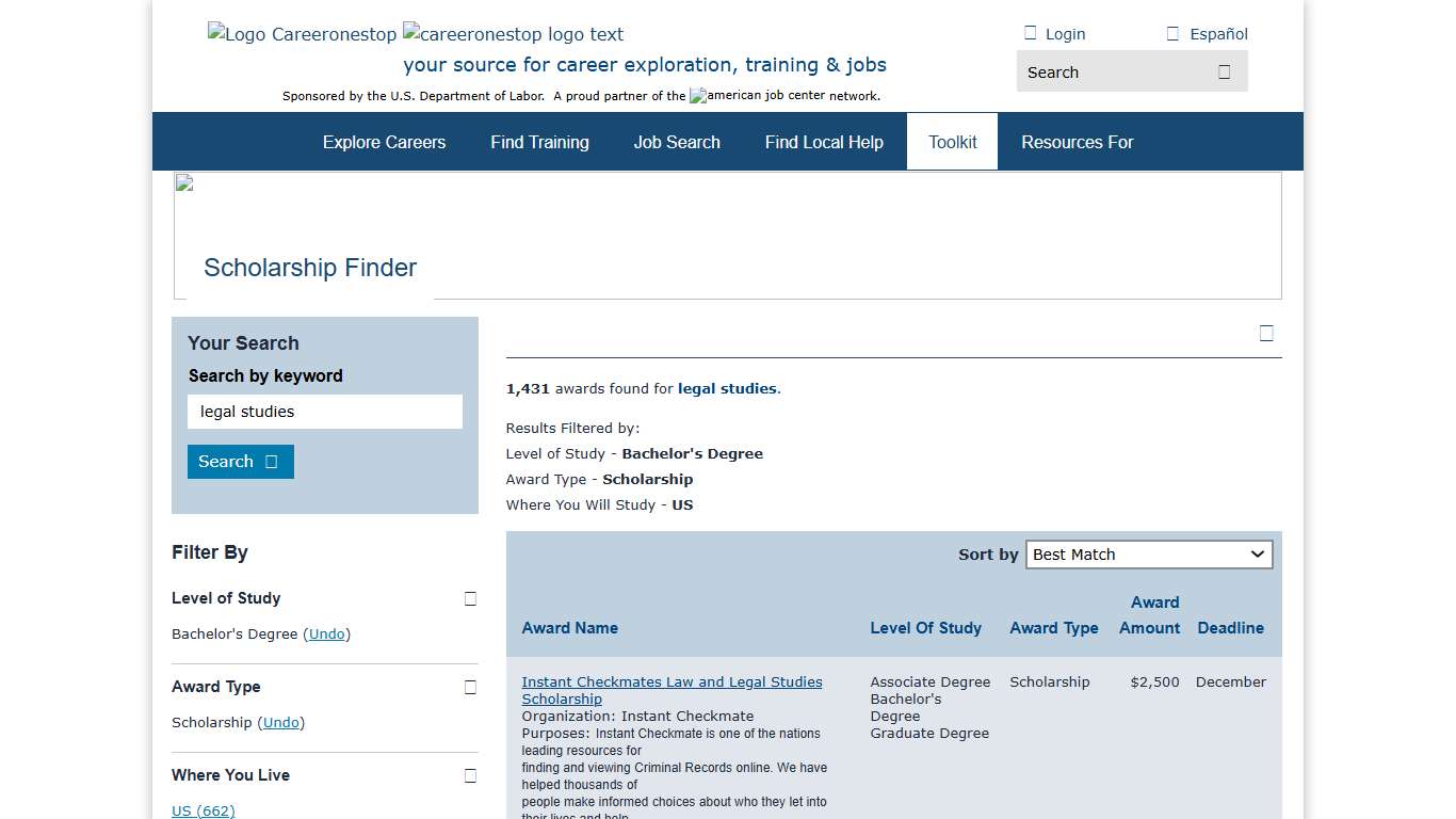 Scholarship Finder CareerOneStop